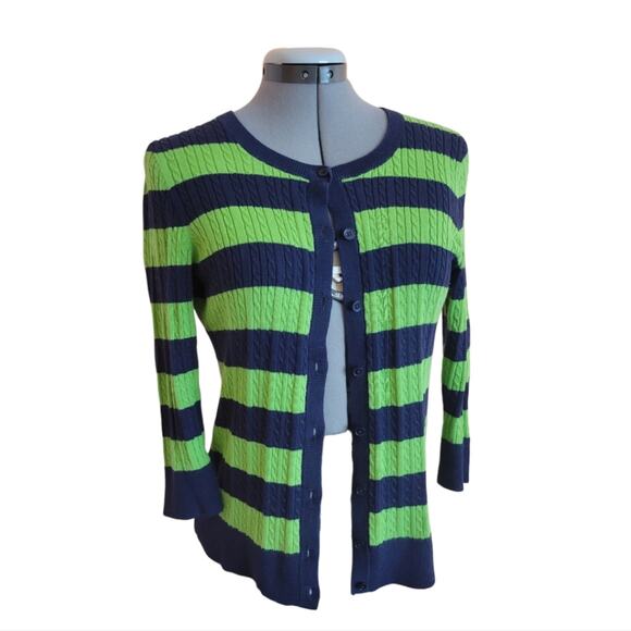 Talbots Cotton Stripe Cable Knit Cardigan Size Petite Small Navy Lime Green - Picture 1 of 8